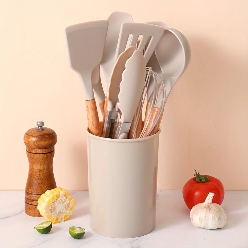 12pcs Silicone Utensil Set Khaki Kitchen Utensil Set With Wooden Handle