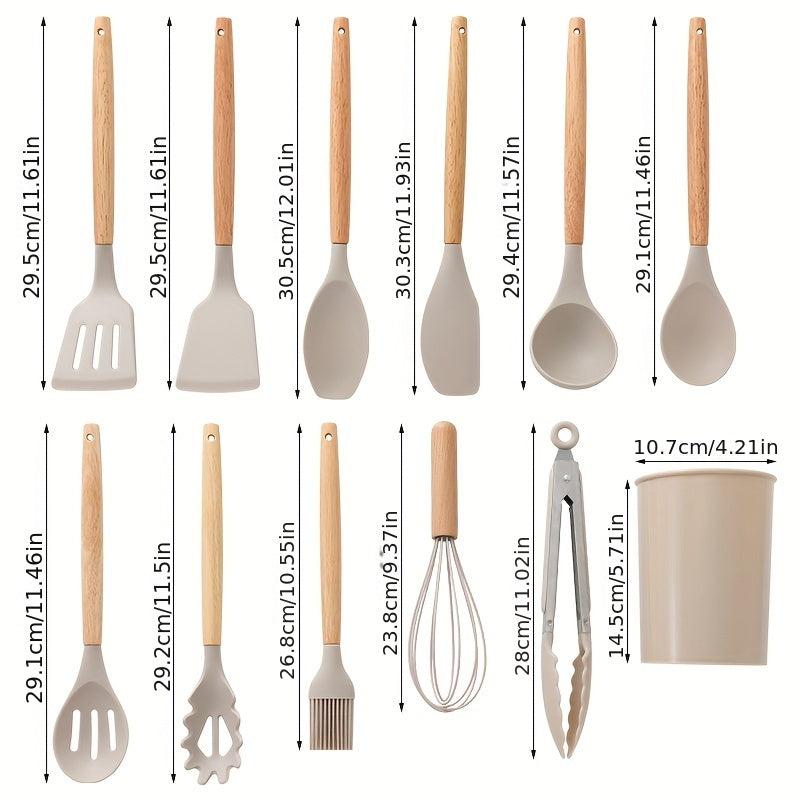 12pcs Silicone Utensil Set Khaki Kitchen Utensil Set With Wooden Handle