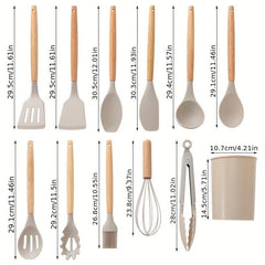 12pcs Silicone Utensil Set Khaki Kitchen Utensil Set With Wooden Handle