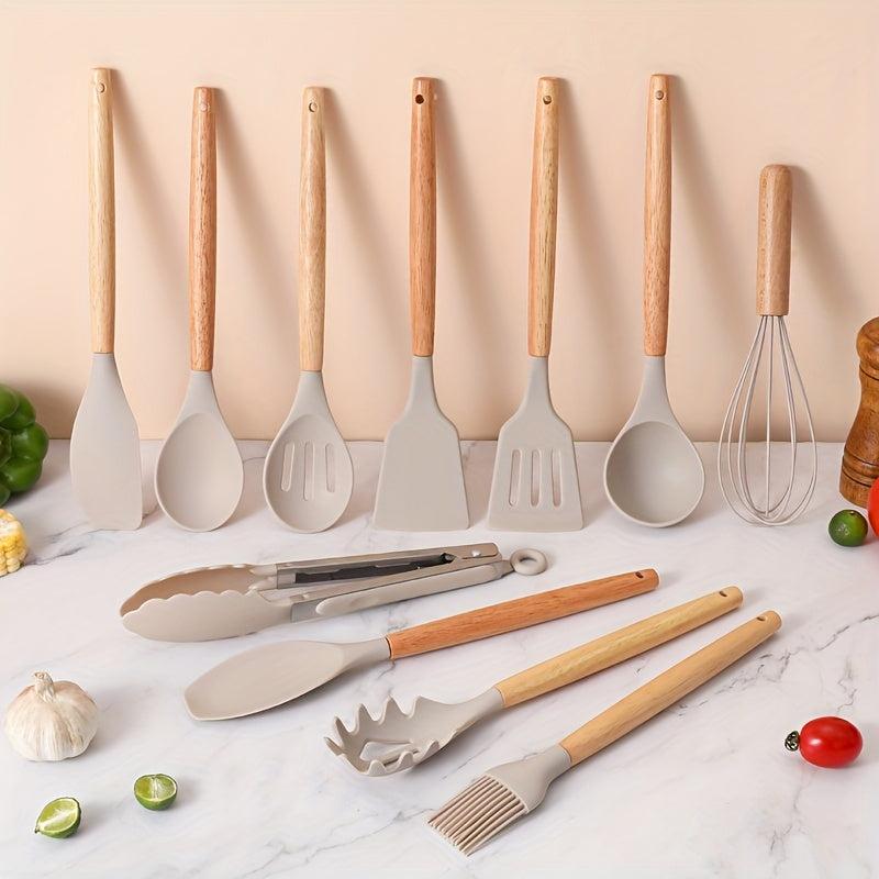 12pcs Silicone Utensil Set Khaki Kitchen Utensil Set With Wooden Handle