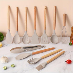 12pcs Silicone Utensil Set Khaki Kitchen Utensil Set With Wooden Handle