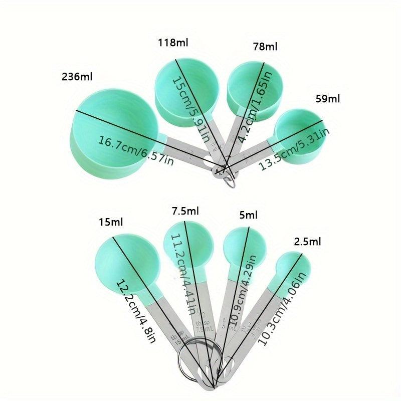 8pcs Measuring Cups & Spoons Set Plastic w/ Stainless Steel Handle