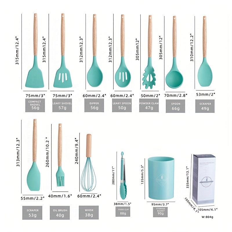 12pcs Silicone Kitchen Utensil Set with Wooden Handle BPA-Free Spatula Spoon