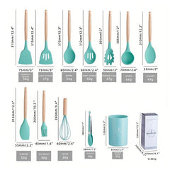 12pcs Silicone Kitchen Utensil Set with Wooden Handle BPA-Free Spatula Spoon