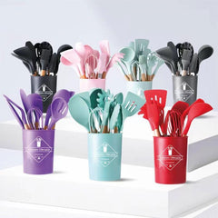 12pcs Silicone Kitchen Utensil Set with Wooden Handle BPA-Free Spatula Spoon