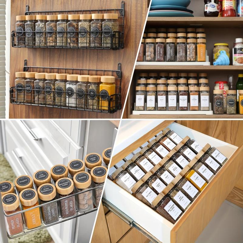 12pcs Glass Spice Jars with Labels & Organizers Bamboo Covers