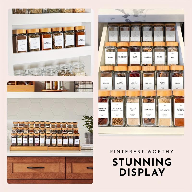 12pcs Glass Spice Jars with Labels & Organizers Bamboo Covers