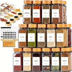 12pcs Glass Spice Jars with Labels & Organizers Bamboo Covers