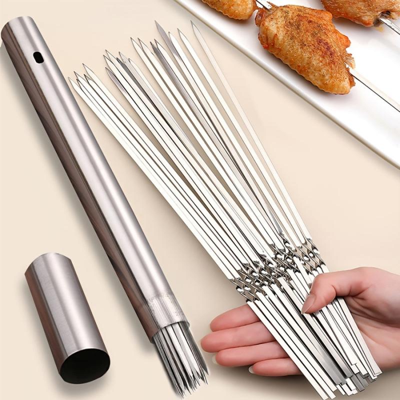 30pcs Stainless Steel BBQ Stick Set with Storage Barrel for Grilling