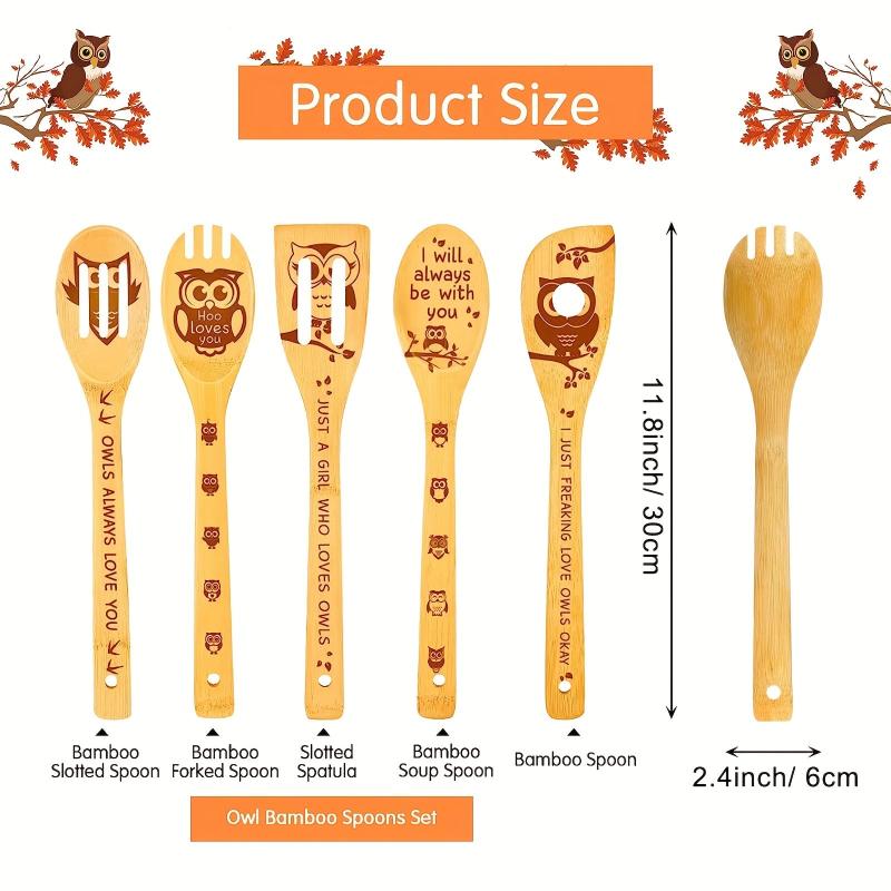 5pcs Funny Owl Bamboo Cooking Spoons Set Kitchen Decor Cooking Gift for Women