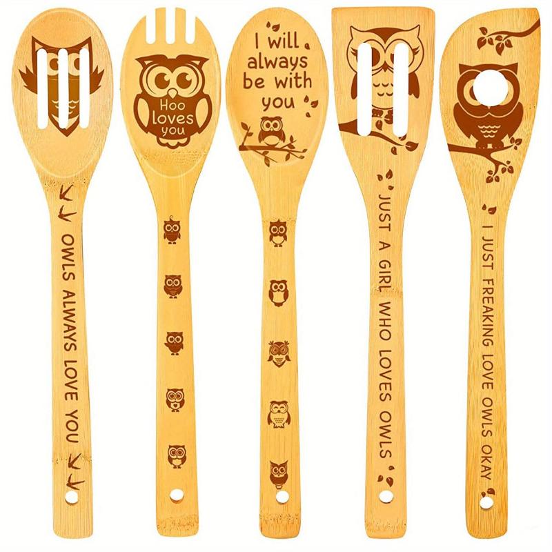5pcs Funny Owl Bamboo Cooking Spoons Set Kitchen Decor Cooking Gift for Women