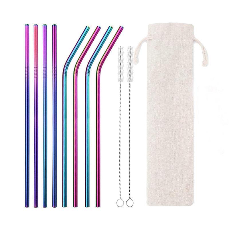 Eco Stainless Steel Straw Set 8 Straws 2 Brushes & Bag