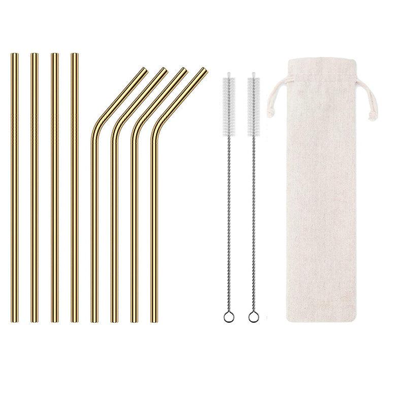 Eco Stainless Steel Straw Set 8 Straws 2 Brushes & Bag