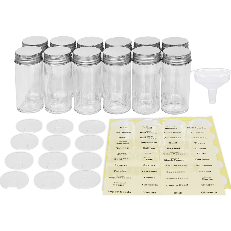 12pcs Glass Spice Jars with Labels, Shaker Lids, Airtight Caps, Funnel