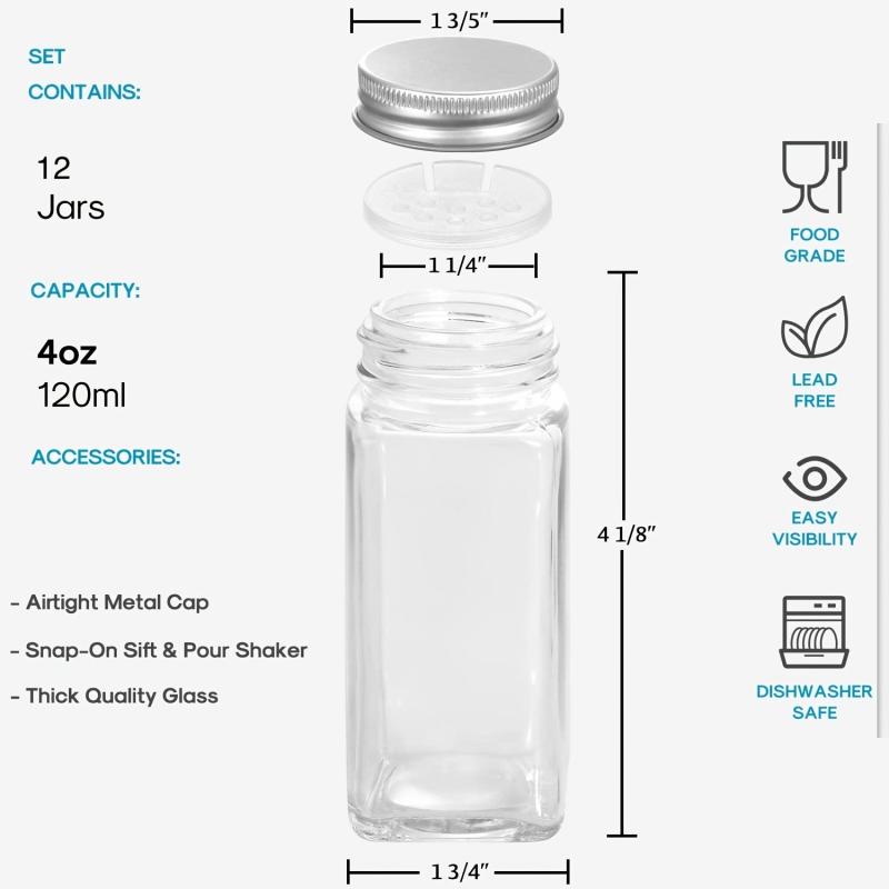 12pcs Glass Spice Jars with Labels, Shaker Lids, Airtight Caps, Funnel