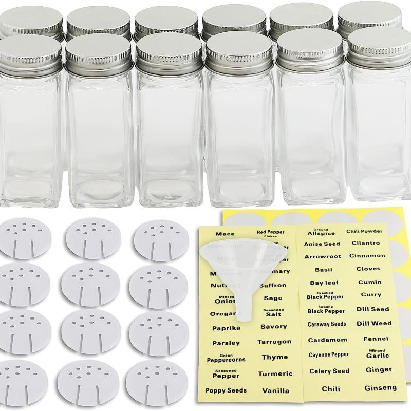 12pcs Glass Spice Jars with Labels, Shaker Lids, Airtight Caps, Funnel