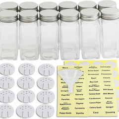 12pcs Glass Spice Jars with Labels, Shaker Lids, Airtight Caps, Funnel