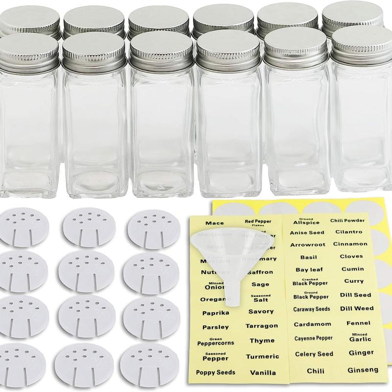 12pcs Glass Spice Jars with Labels, Shaker Lids, Airtight Caps, Funnel