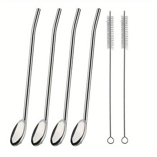 4Pcs Stainless Steel Straw Spoon Set Silvery Golden Ice Spoon