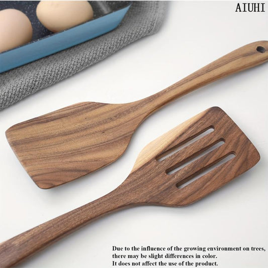 2 Pack Wooden Spatula Set Long Handle Cooking Wood Turner Slotted Spatula