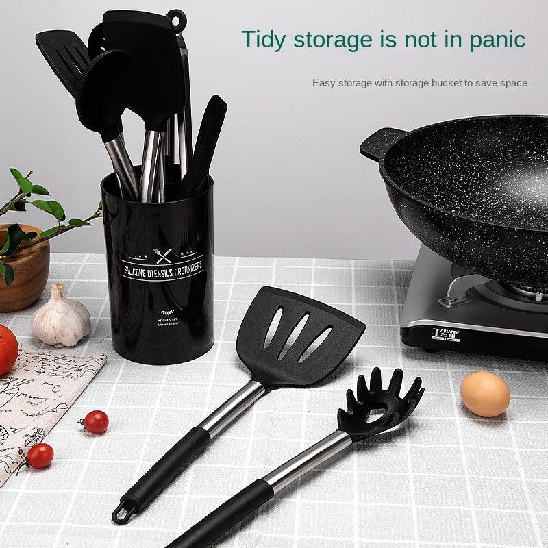 15pcs Stainless Steel Silicone Kitchen Utensils Set with Organizer Bucket