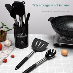 15pcs Stainless Steel Silicone Kitchen Utensils Set with Organizer Bucket
