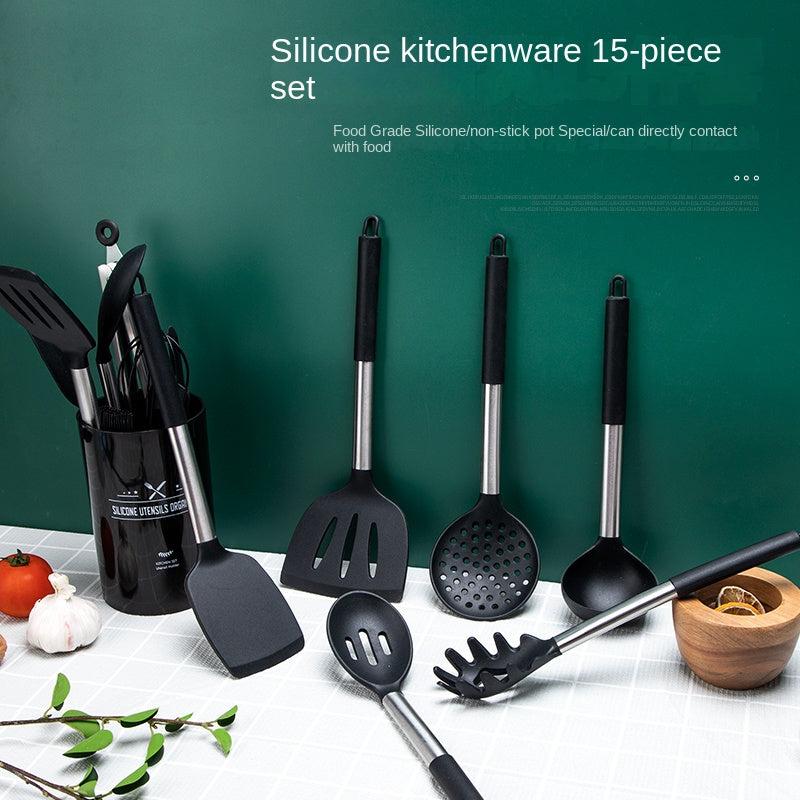 15pcs Stainless Steel Silicone Kitchen Utensils Set with Organizer Bucket