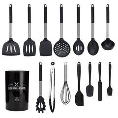 15pcs Stainless Steel Silicone Kitchen Utensils Set with Organizer Bucket
