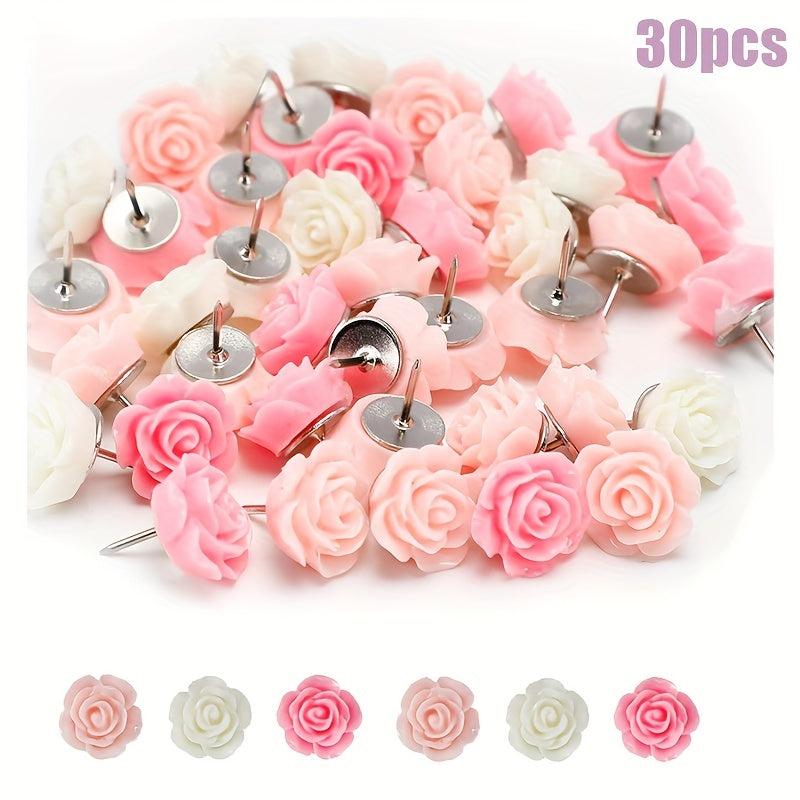 30Pcs Rose Theme Push Pins Decorative Flower Cork Board Tacks