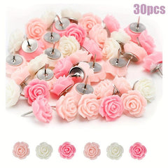 30Pcs Rose Theme Push Pins Decorative Flower Cork Board Tacks