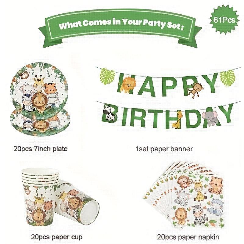 61pcs Jungle Animal Tableware Set for Kids Safari Theme Birthday Party