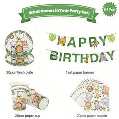 61pcs Jungle Animal Tableware Set for Kids Safari Theme Birthday Party