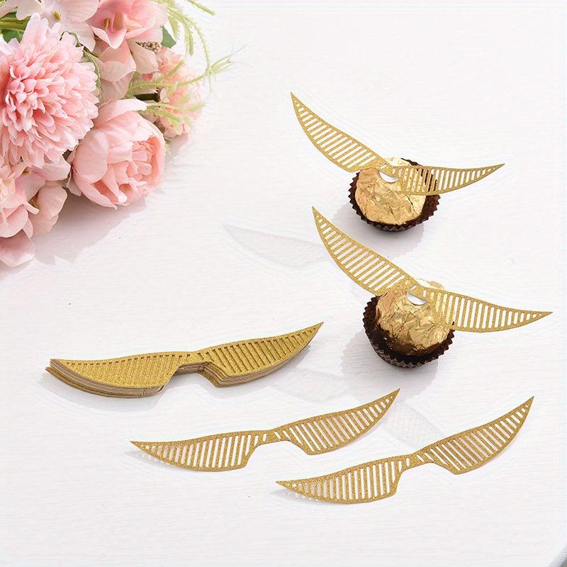 50pcs Golden Hollow Chocolate Plaques with Cake Wizard Party Wings Decoration