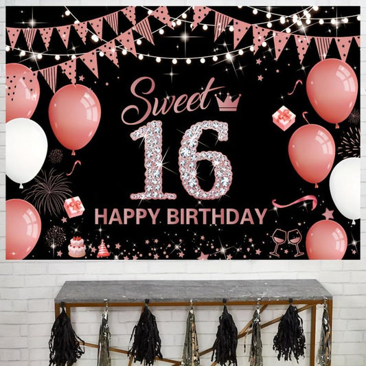 Rose Sweet 16th Birthday Backdrop Banner for Photo Booths/Decorations