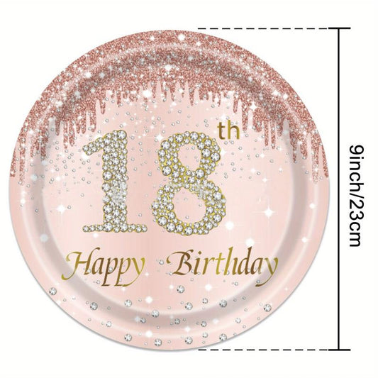 18th Birthday Party Supplies - Tablecloth, Plates, Tissue, Cups - 20pcs
