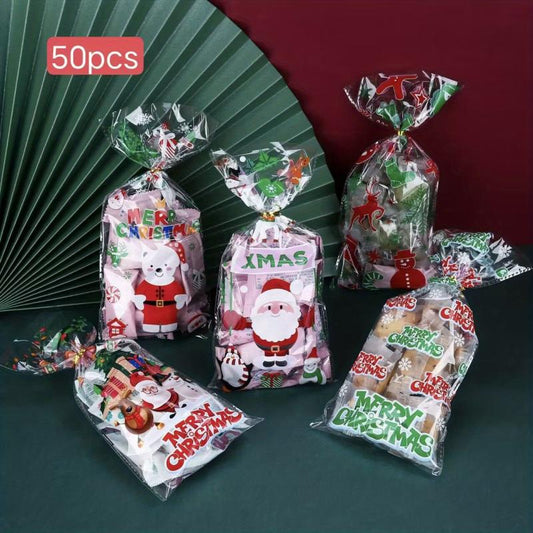 50pcs Christmas Candy Cookie Bags Thank You Gift Packing Bags Santa Snowman