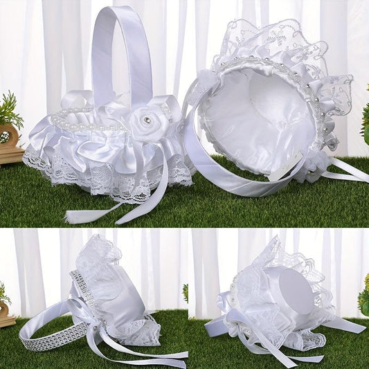Western Style Flower Girl Basket Lace Edge Bow Wedding Supplies