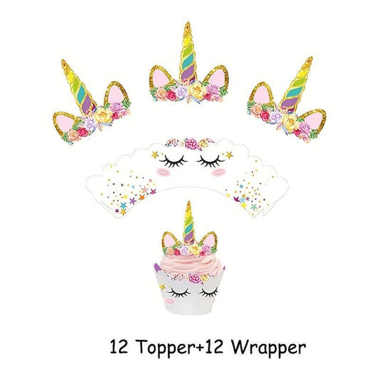 24pcs Unicorn Party Cupcake Wrappers Cake Toppers Baby Shower Cupcake Decor