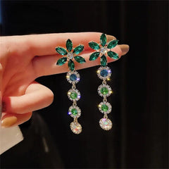 S925 Silver Green Gemstone Zircon Drop Earrings Tassel Wedding Dangle Earrings