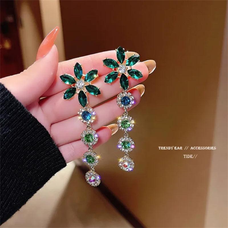 S925 Silver Green Gemstone Zircon Drop Earrings Tassel Wedding Dangle Earrings