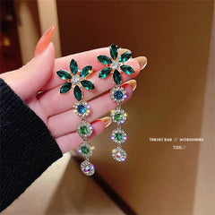 S925 Silver Green Gemstone Zircon Drop Earrings Tassel Wedding Dangle Earrings