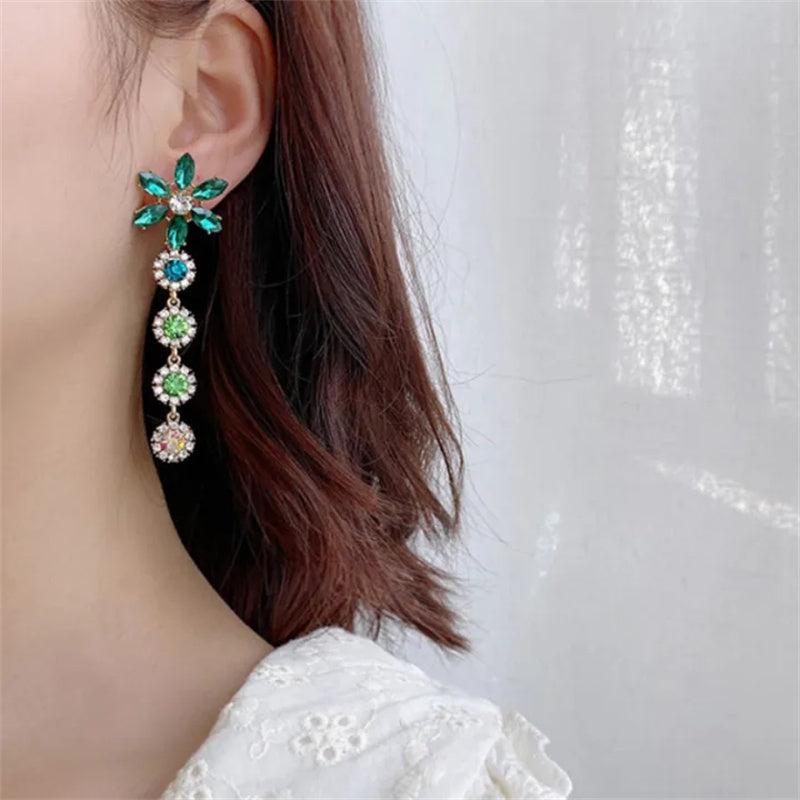 S925 Silver Green Gemstone Zircon Drop Earrings Tassel Wedding Dangle Earrings