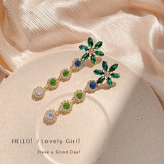 S925 Silver Green Gemstone Zircon Drop Earrings Tassel Wedding Dangle Earrings