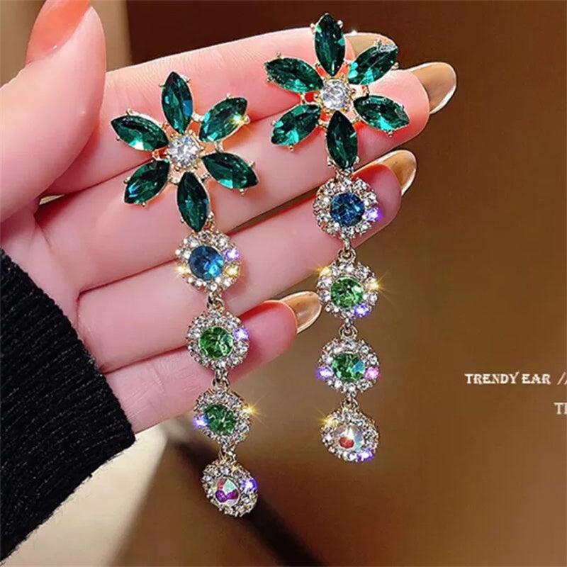 S925 Silver Green Gemstone Zircon Drop Earrings Tassel Wedding Dangle Earrings