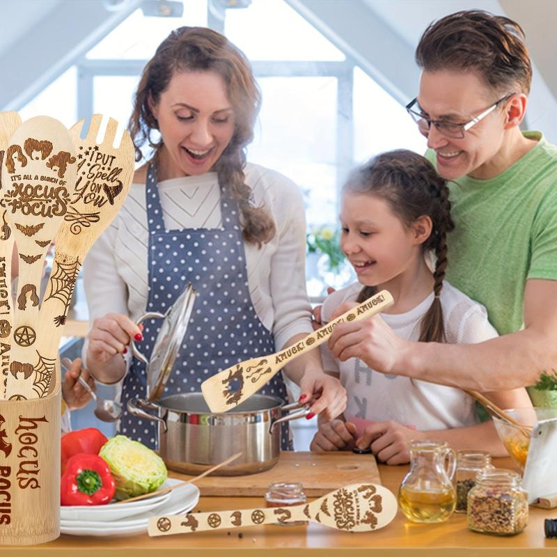 6pcs Wooden Spoons Bamboo Cooking Utensils Set with Holder