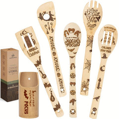 6pcs Wooden Spoons Bamboo Cooking Utensils Set with Holder
