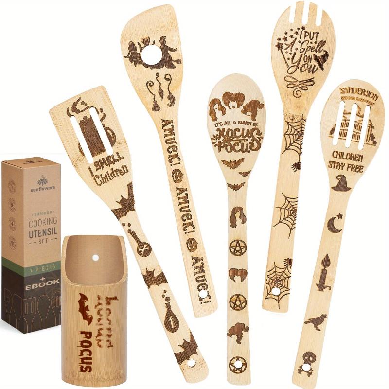 6pcs Wooden Spoons Bamboo Cooking Utensils Set with Holder