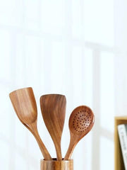 6pcs Non Stick Teak Wooden Spoons Soft Grip Comfortable Cooking Utensils