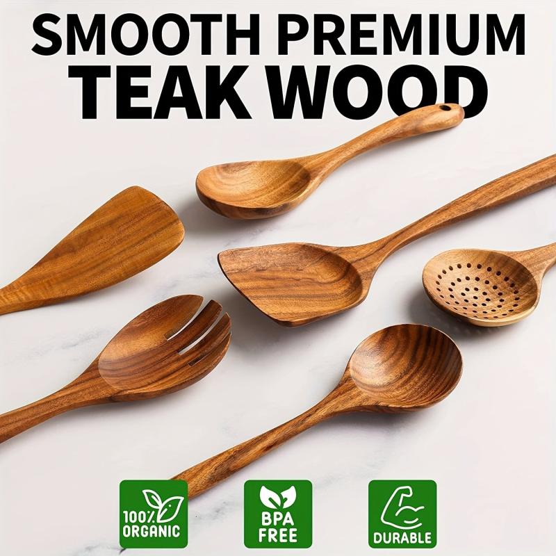 6pcs Non Stick Teak Wooden Spoons Soft Grip Comfortable Cooking Utensils
