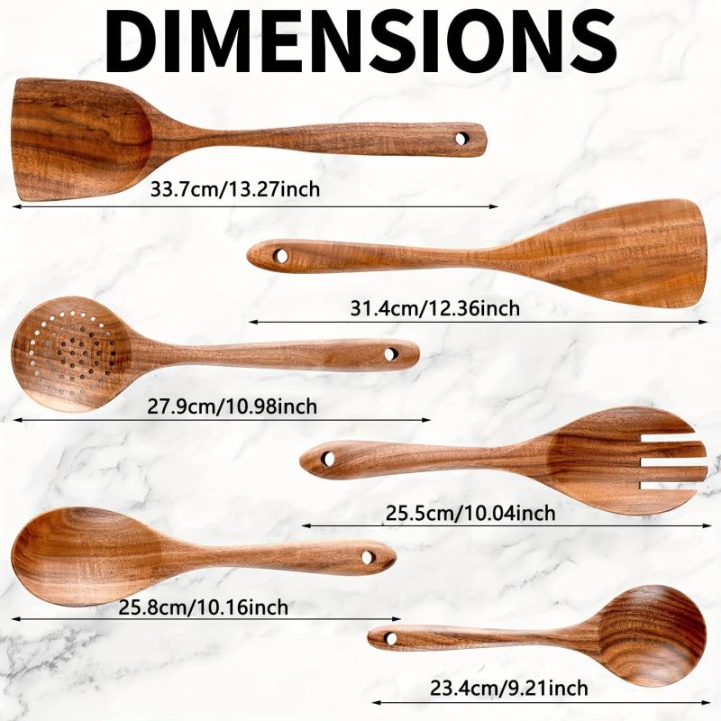 6pcs Non Stick Teak Wooden Spoons Soft Grip Comfortable Cooking Utensils